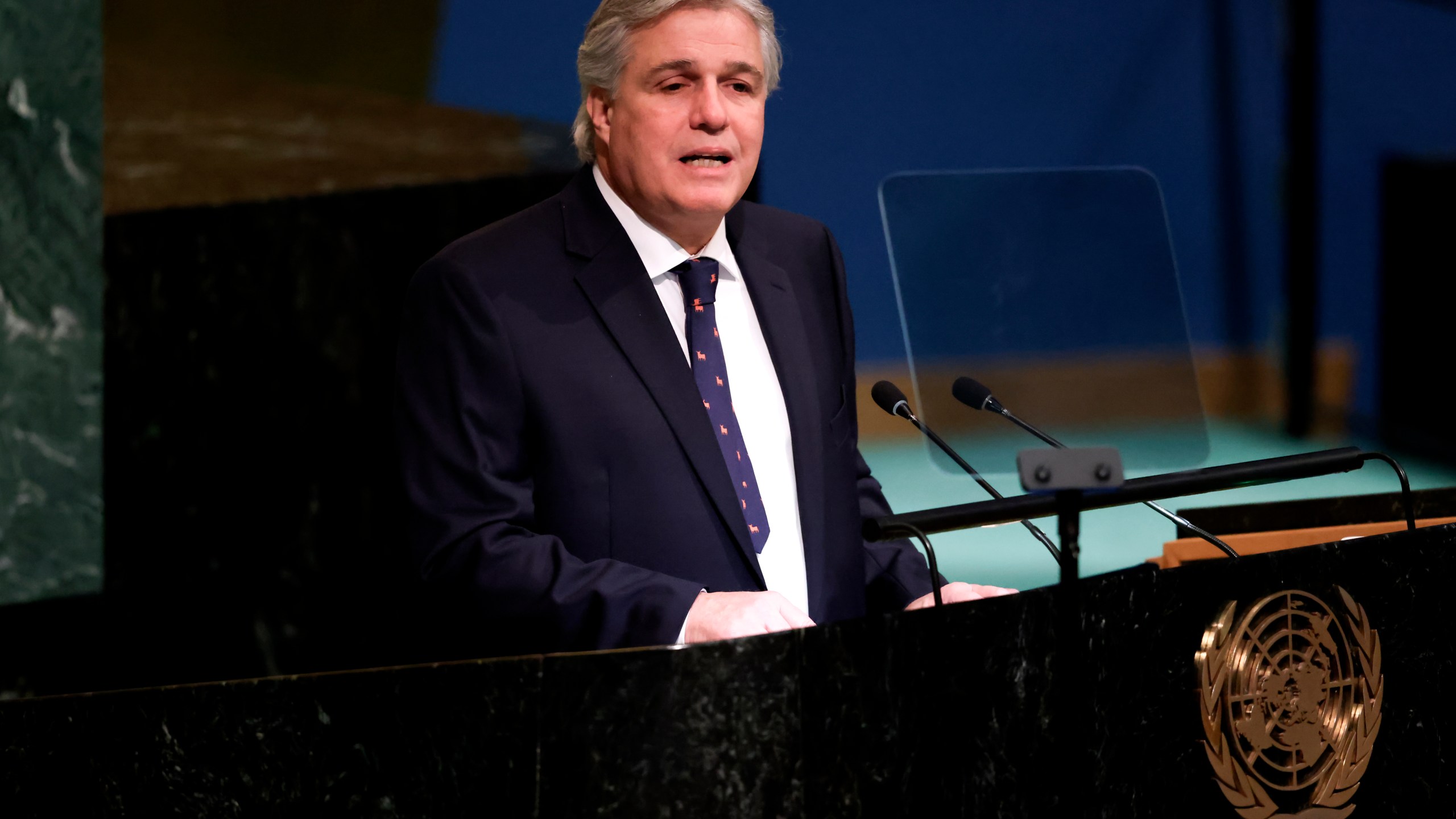 FILE - Minister for Foreign Affairs of Uruguay Francisco Bustillo addresses the 77th session of the United Nations General Assembly, Monday, Sept. 26, 2022, at the U.N. headquarters. Bustillo resigned late Wednesday, Nov. 1. 2023, shortly after audio messages were published in which he appears to ask a former official to not hand over evidence in an ongoing investigation over a passport issued to an accused drug trafficker. (AP Photo/Julia Nikhinson, File)